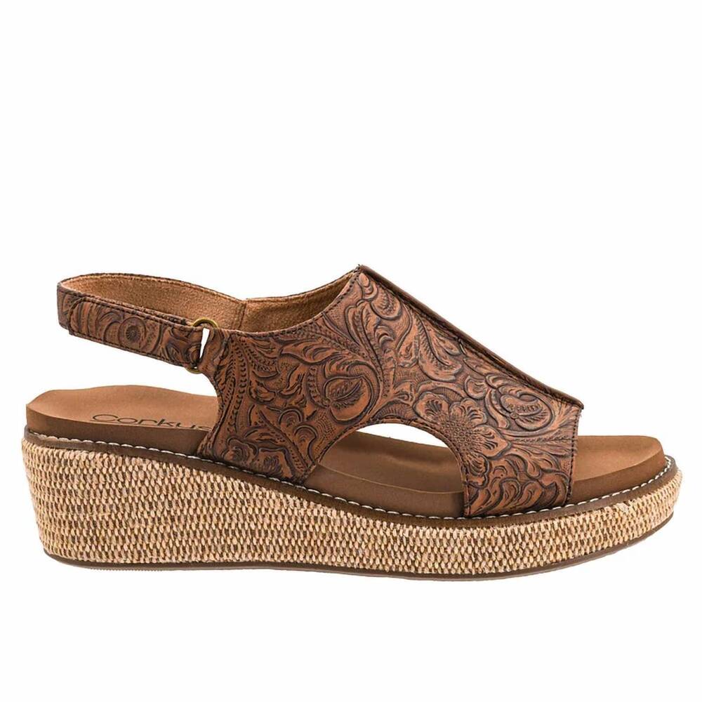 NEW CORKYS FOOTWEAR women's volta ii embossed floral wedge sandal in cognac